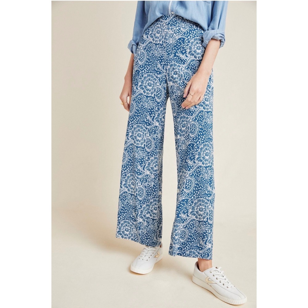 Anthropologie Maeve Anika Knit Wide Leg Pants in Blue Floral Size Medium